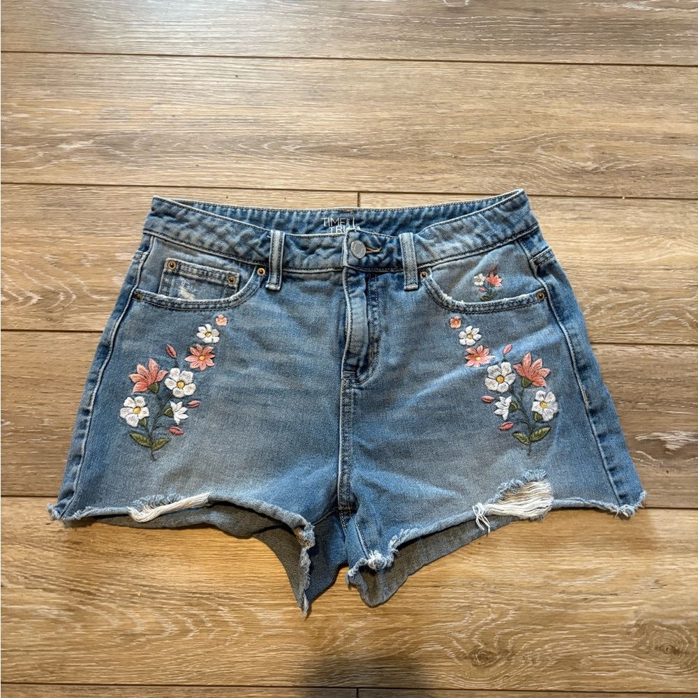 Time and Tru Blue Jean Shorts with Floral Embroidery